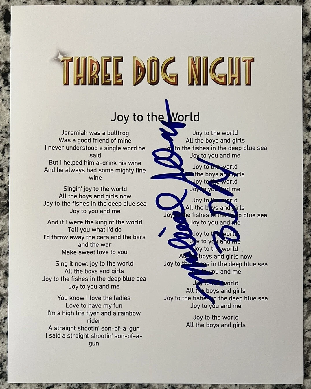 MICHAEL ALLSUP SIGNED LYRIC SHEET THREE DOG NIGHT JOY TO THE WORLD AUTOGRAPH COA
