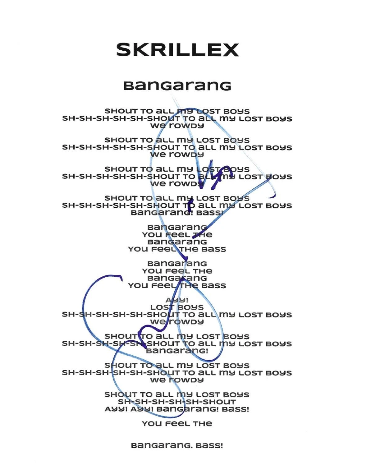 * SKRILLEX * signed lyric sheet * BANGARANG * SKETCH * SONNY MOORE *