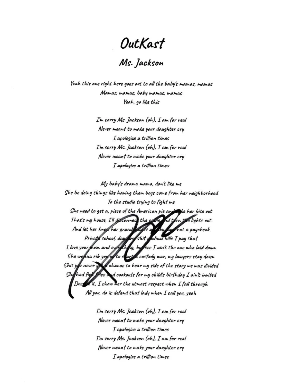* BIG BOI * signed lyric sheet * OUTKAST * MS. JACKSON * 1