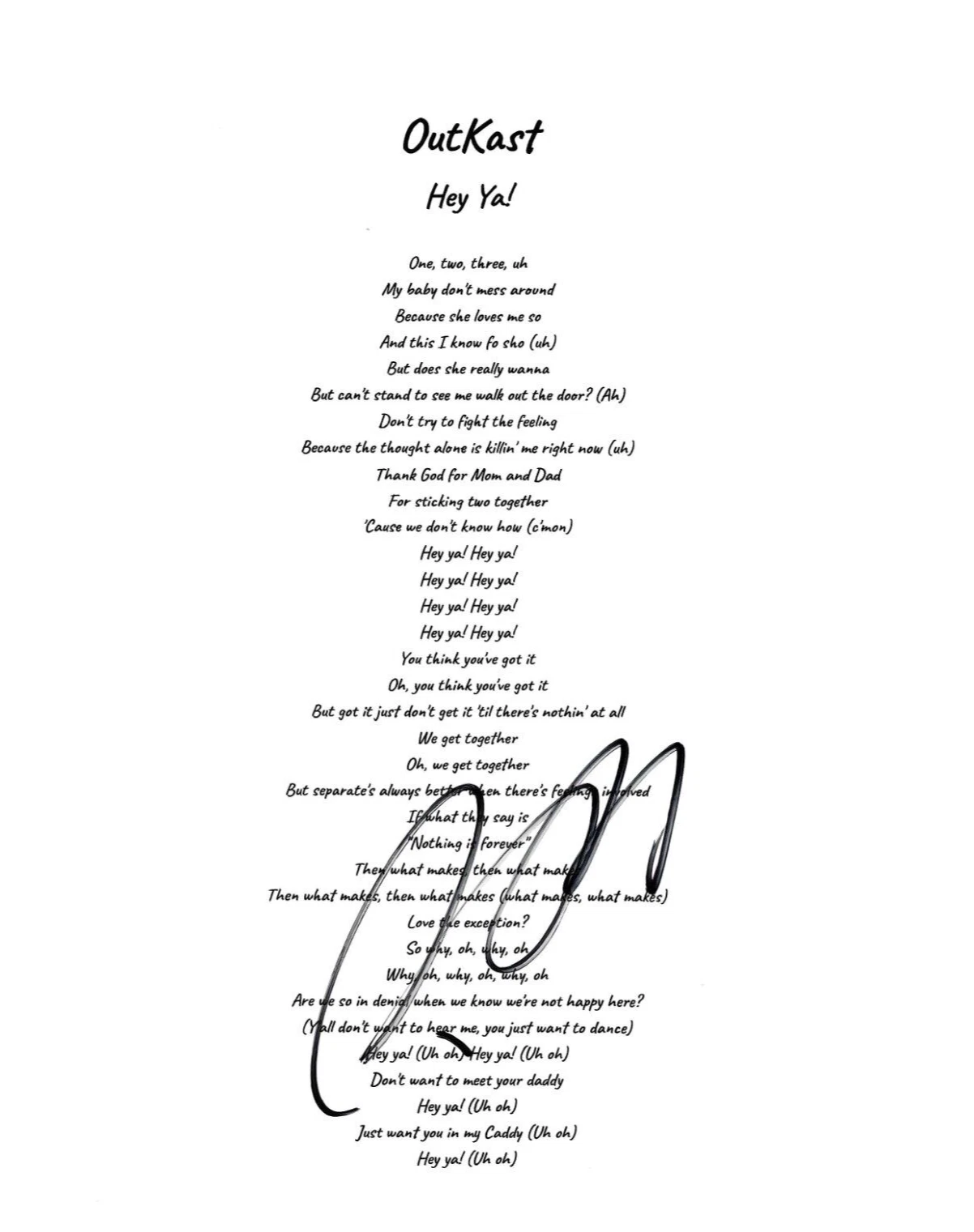 * BIG BOI * signed lyric sheet * OUTKAST * HEY YA! * 1