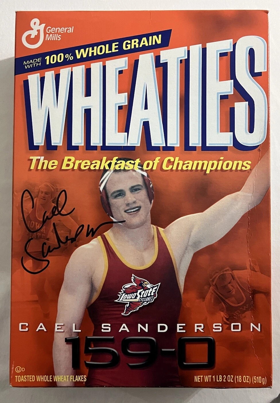 CAEL SANDERSON SIGNED WHEATIES CEREAL BOX IOWA STATE WRESTLING AUTOGRAPH COA