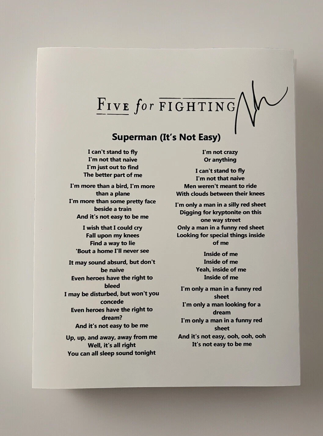 FIVE FOR FIGHTING SIGNED LYRIC SHEET SINGER JOHN ONDRASIK AUTOGRAPH COA