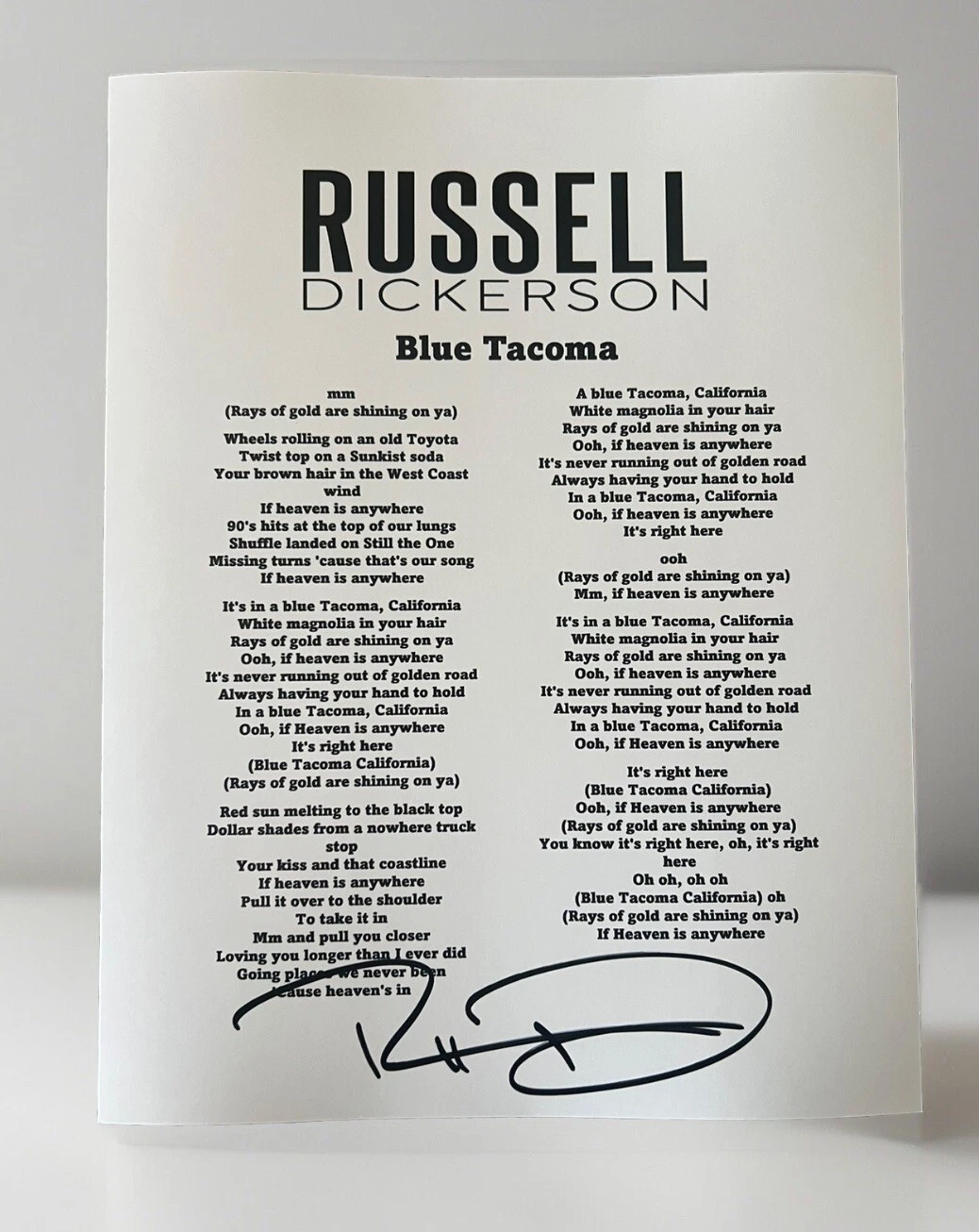 RUSSELL DICKERSON SIGNED LYRIC SHEET COUNTRY SINGER BLUE TACOMA AUTOGRAPH COA COLLECTIBLE MEMORABILIA