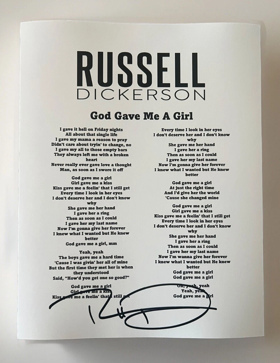 RUSSELL DICKERSON SIGNED LYRIC SHEET COUNTRY GOD GAVE ME A GIRL AUTOGRAPH COA