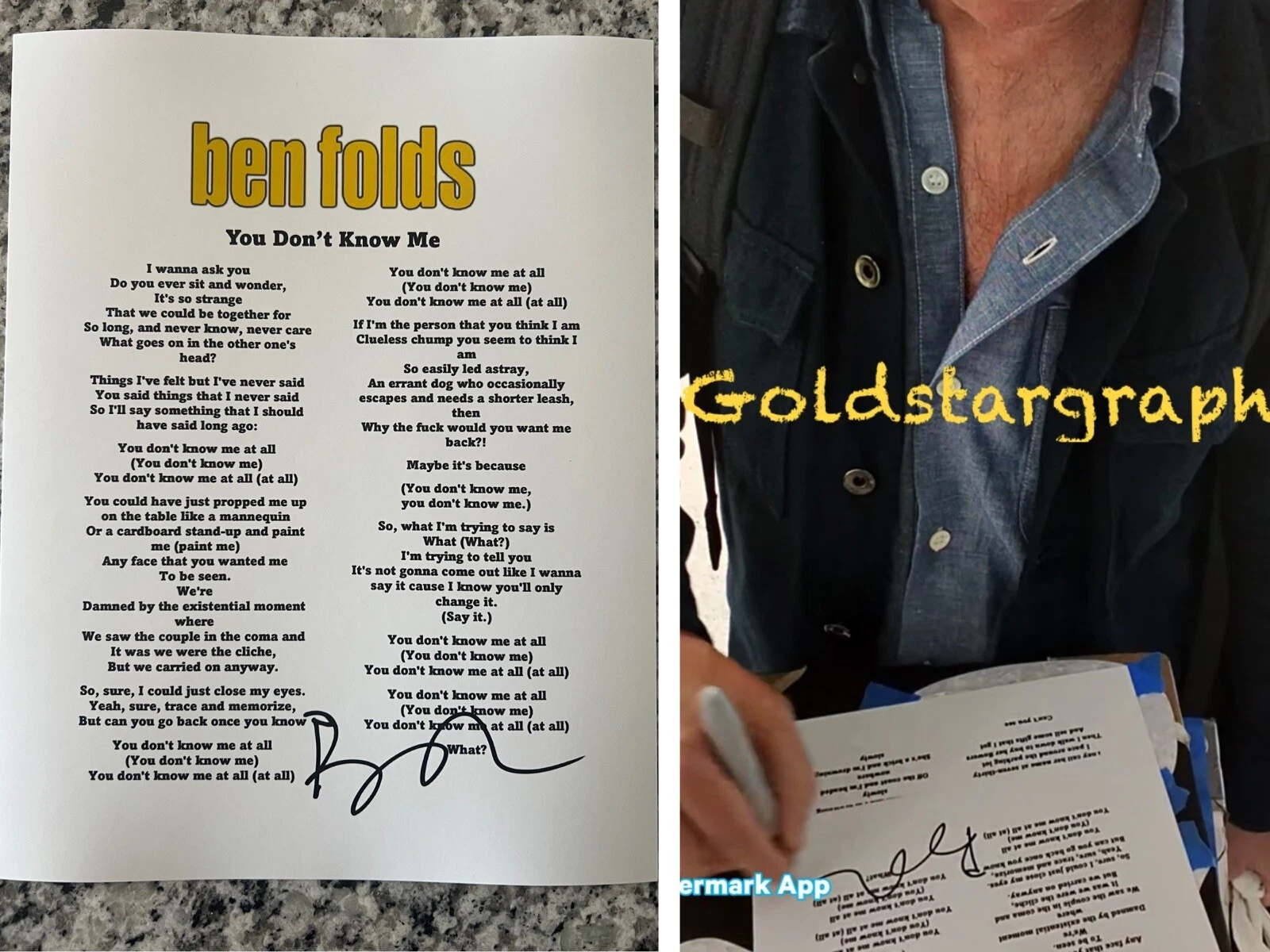 BEN FOLDS SIGNED LYRIC SHEET YOU DON’T KNOW ME AUTOGRAPH + EXACT PROOF COA