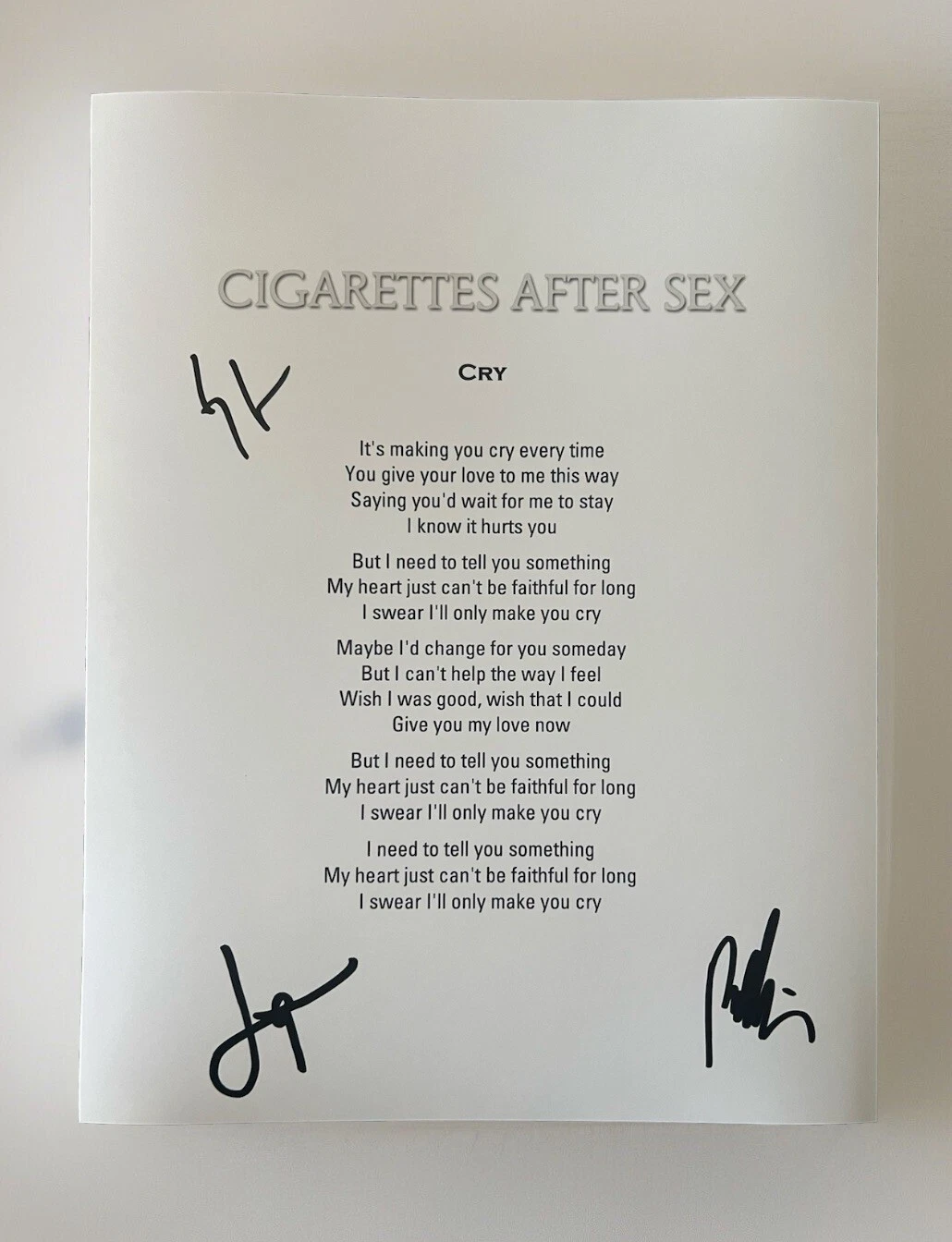 CIGARETTES AFTER SEX FULL BAND SIGNED CRY LYRIC SHEET AUTOGRAPH AUTHENTIC COA
