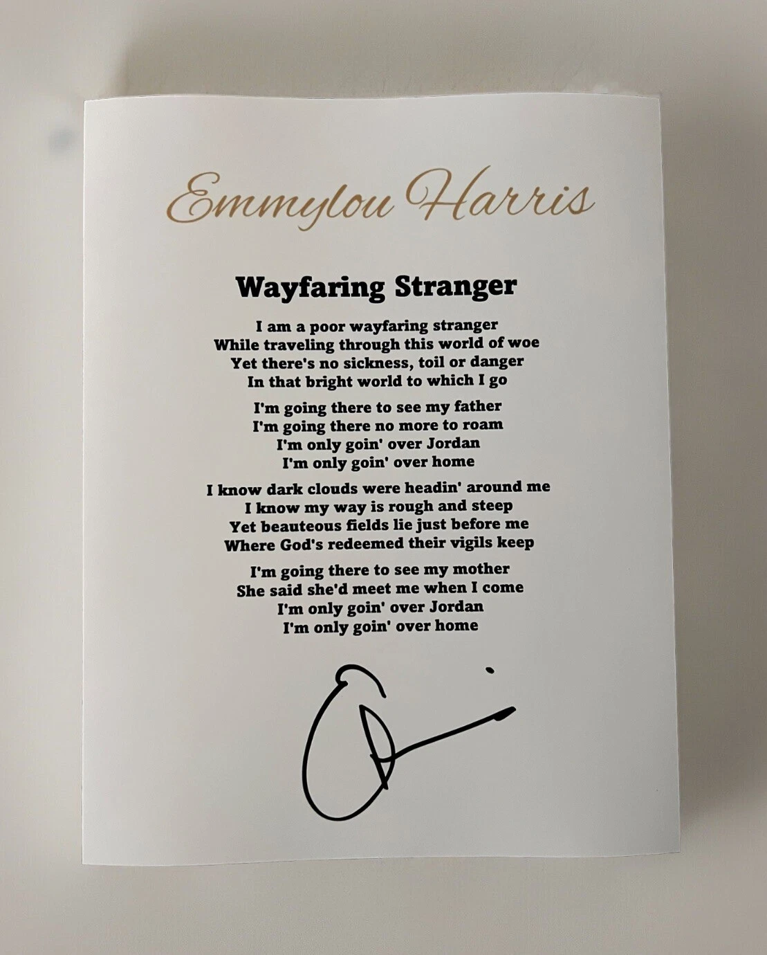 EMMYLOU HARRIS SIGNED LYRIC SHEET WAYFARING STRANGER AUTHENTIC AUTOGRAPH COA
