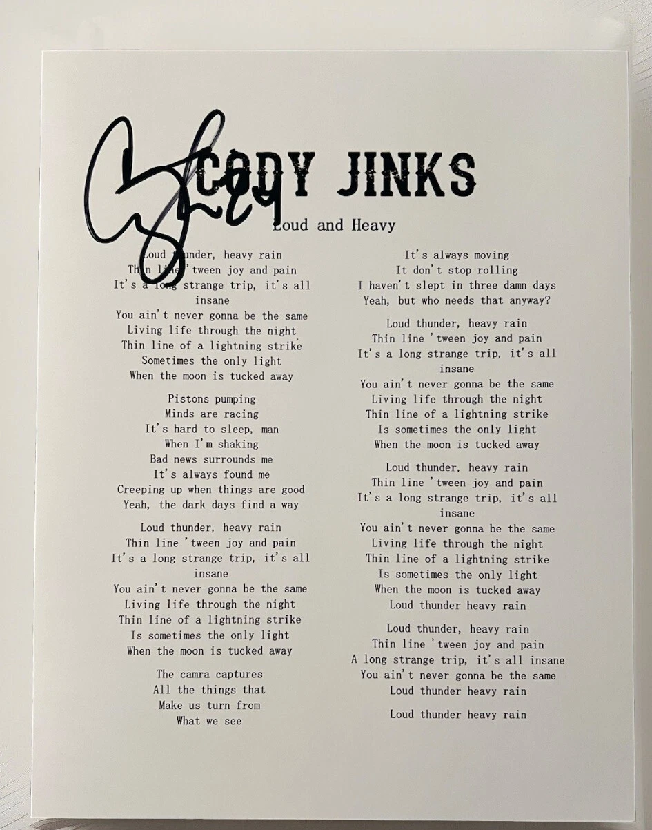 CODY JINKS SIGNED LYRIC SHEET LOUD AND HEAVY AUTHENTIC AUTOGRAPH COA