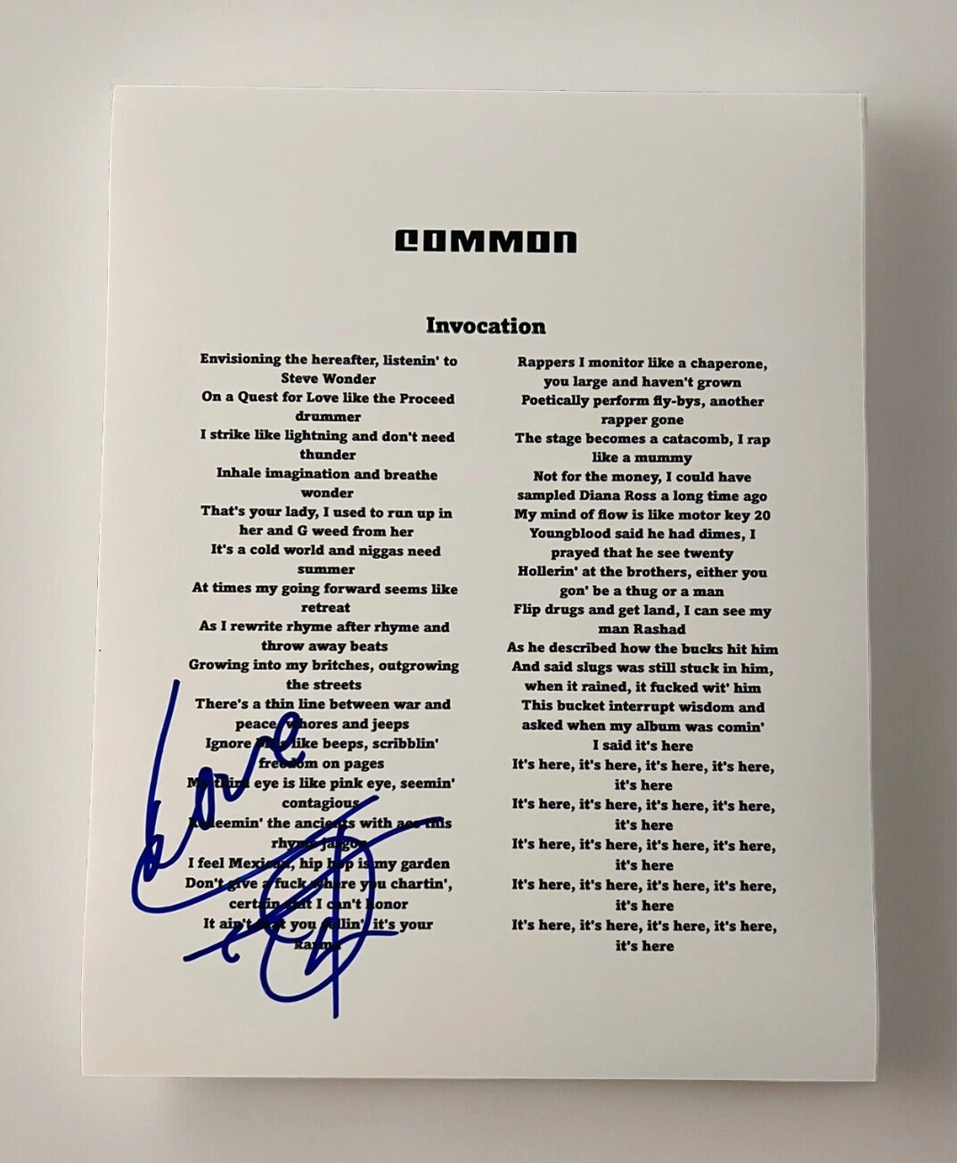 COMMON SIGNED LYRIC SHEET INVOCATION RAPPER AUTOGRAPH AUTHENTIC COA