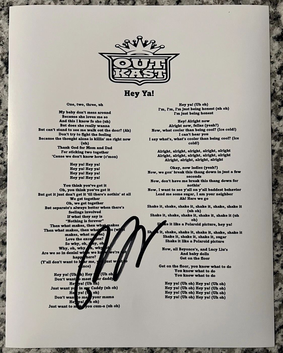 BIG BOI SIGNED LYRIC SHEET HEY YA! OUTKAST RAPPER AUTOGRAPH AUTHENTIC COA