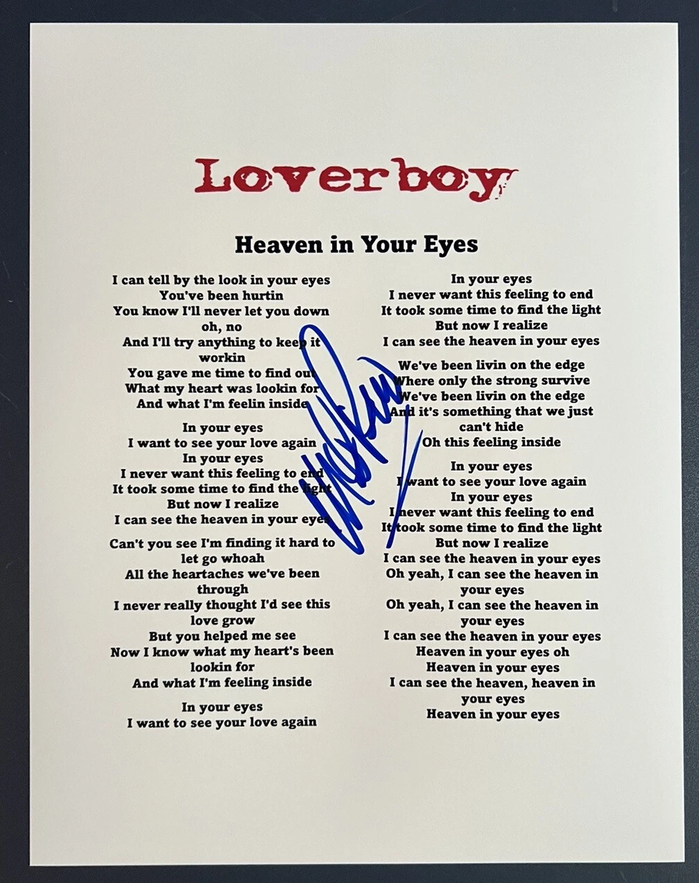 MIKE RENO SIGNED LYRIC SHEET LOVERBOY SINGER HEAVEN IN YOUR EYES AUTOGRAPH COA