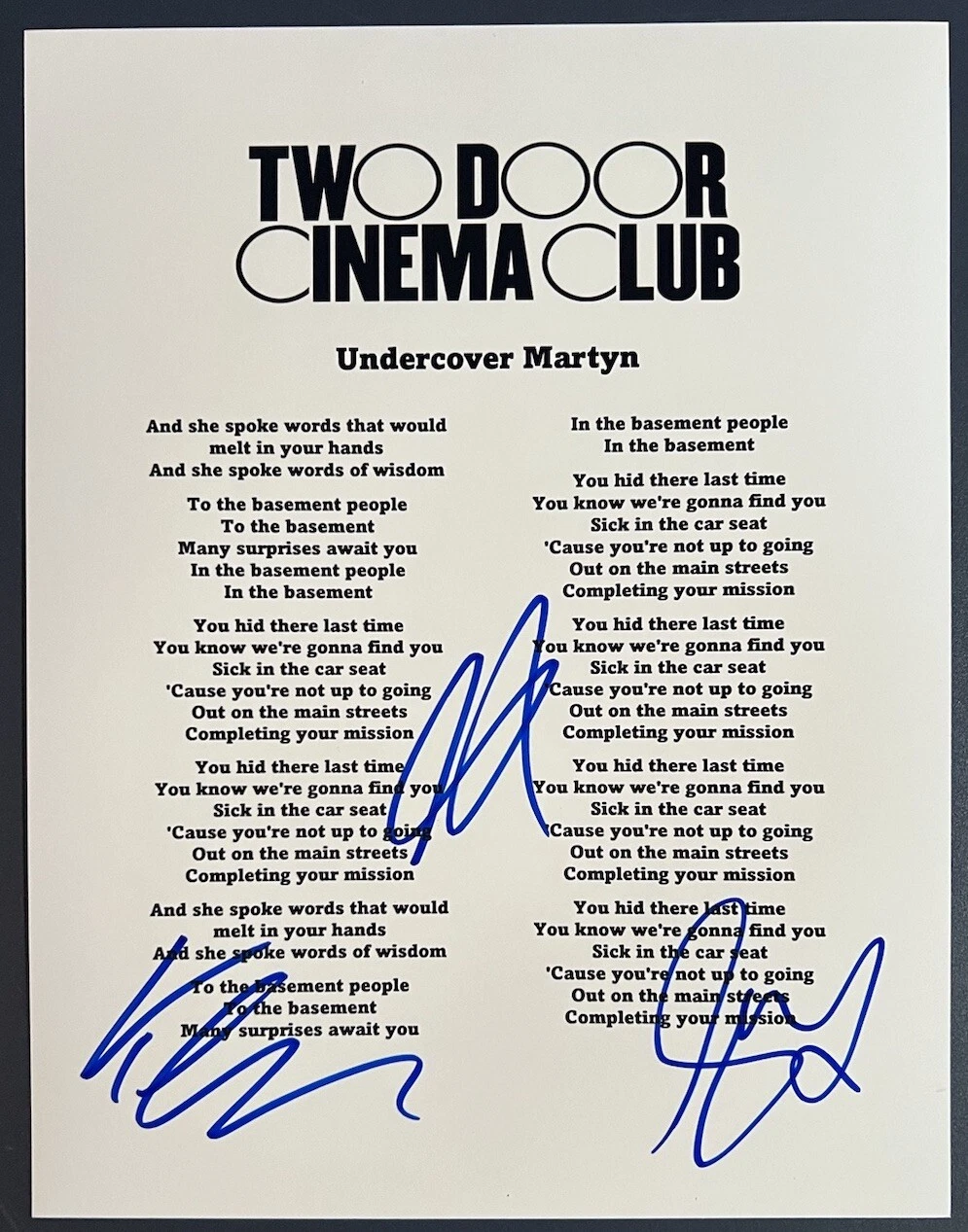 TWO DOOR CINEMA CLUB SIGNED LYRIC SHEET UNDERCOVER MARTYN AUTOGRAPH COA