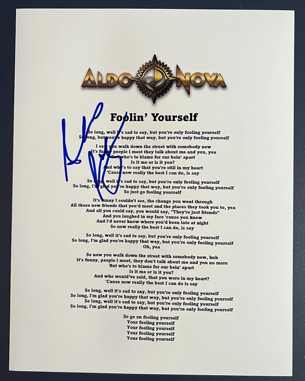 ALDO NOVA SIGNED LYRIC SHEET FOOLIN YOURSELF ROCK SINGER AUTOGRAPH AUTHENTIC COA COLLECTIBLE MEMORABILIA