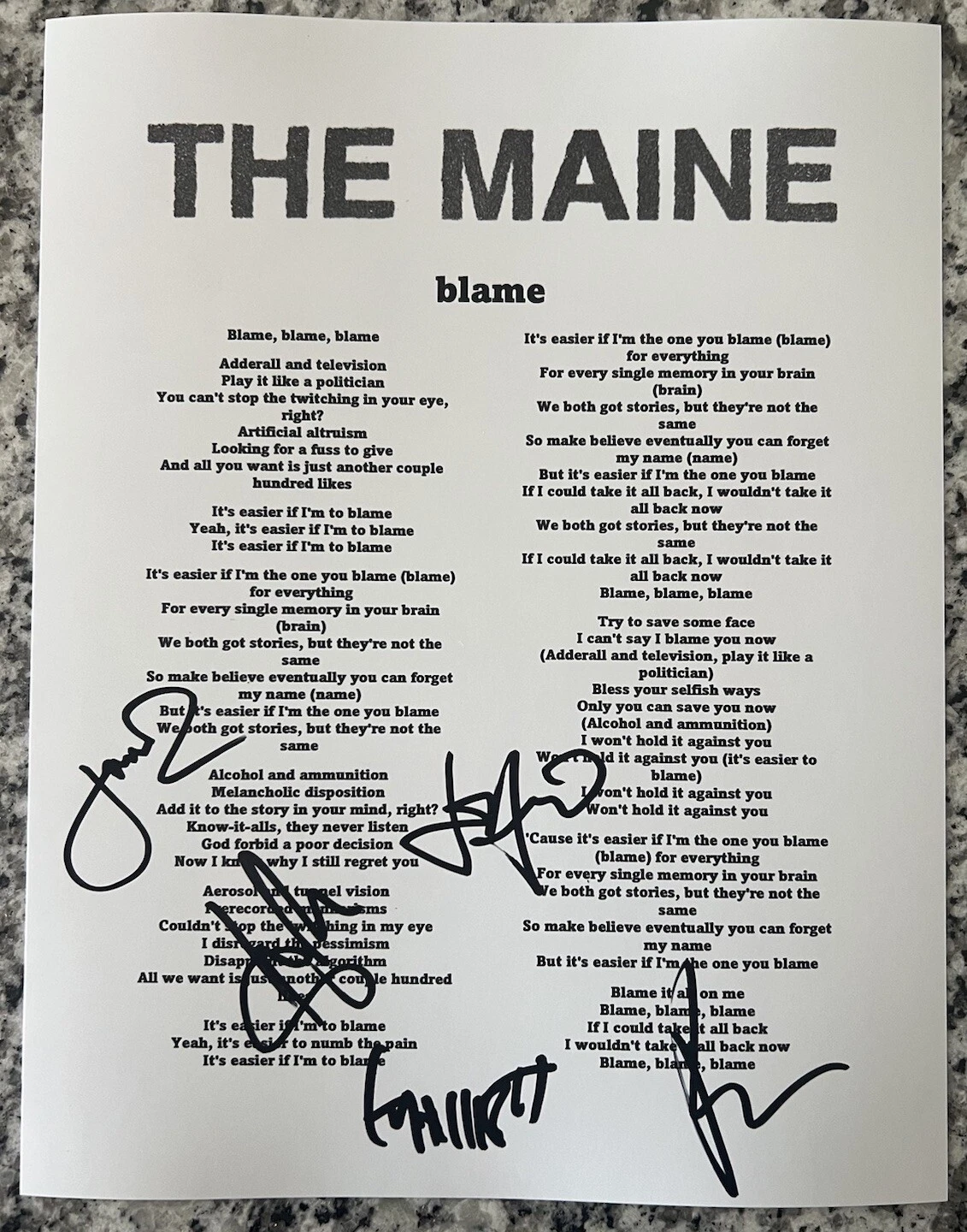 THE MAINE SIGNED LYRIC SHEET ROCK BAND BLAME AUTOGRAPH AUTHENTIC COA