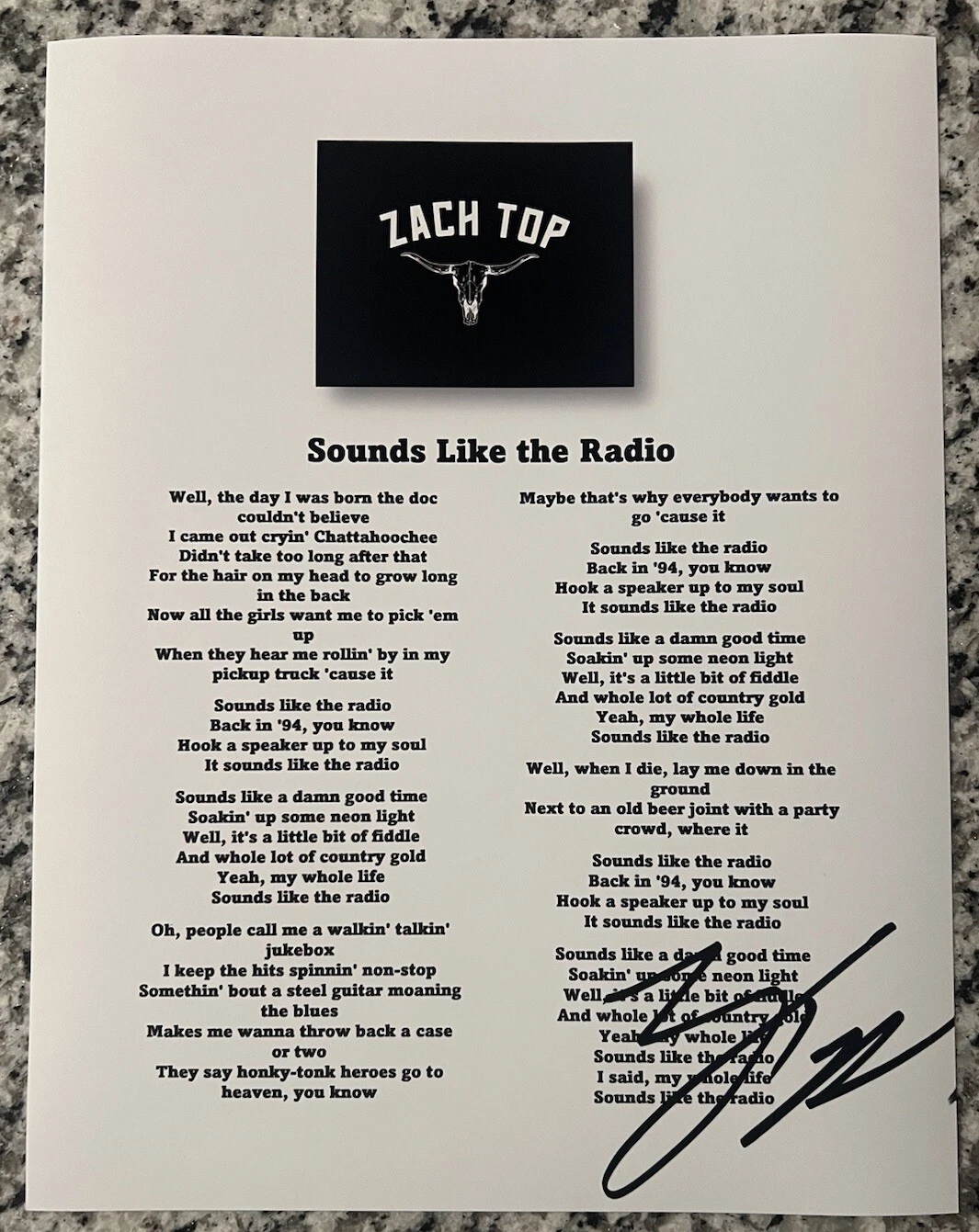 ZACH TOP SIGNED LYRIC SHEET SOUNDS LIKE THE RADIO AUTHENTIC AUTOGRAPH COA