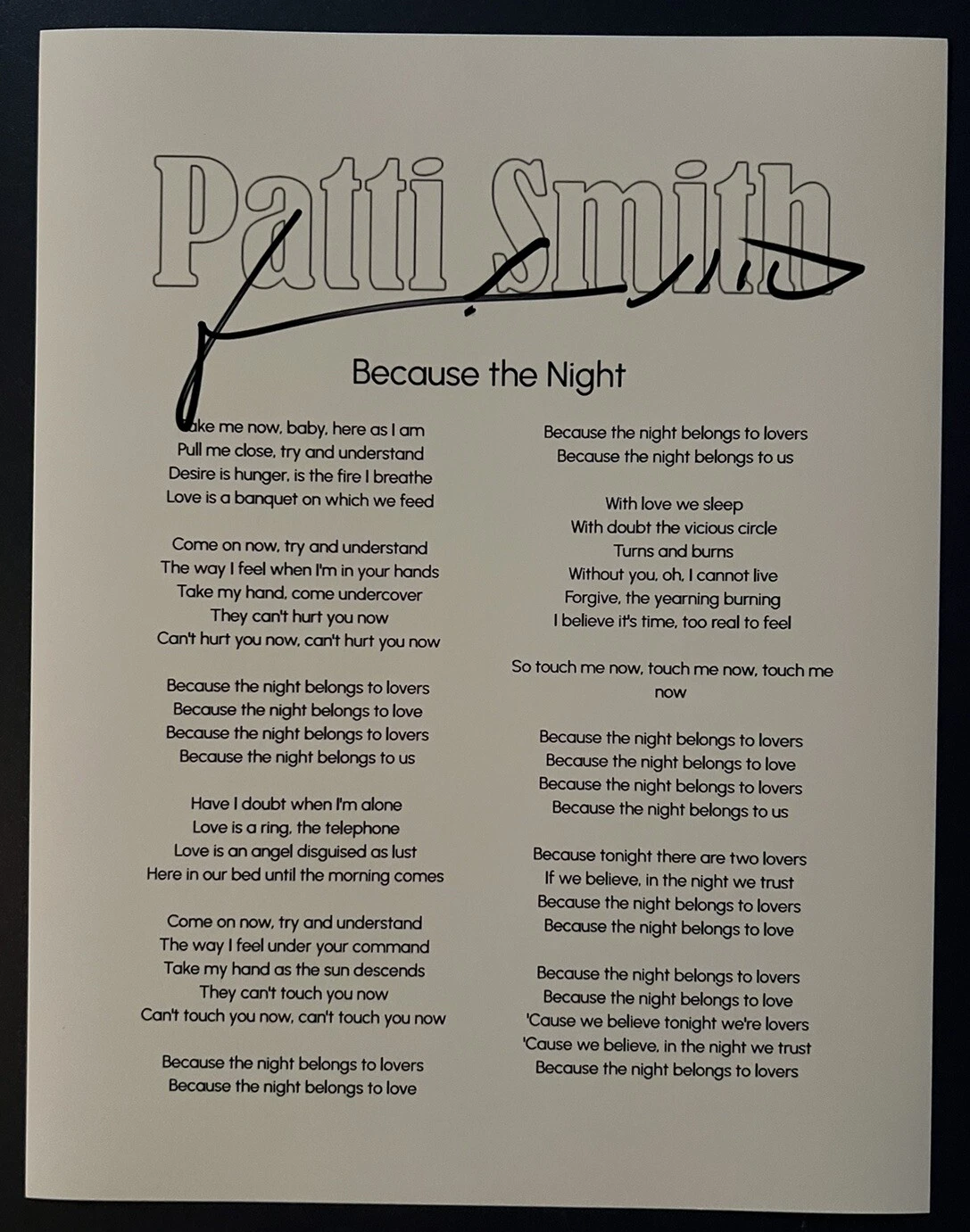PATTI SMITH SIGNED LYRIC SHEET SINGER BECAUSE THE NIGHT AUTOGRAPH AUTHENTIC COA