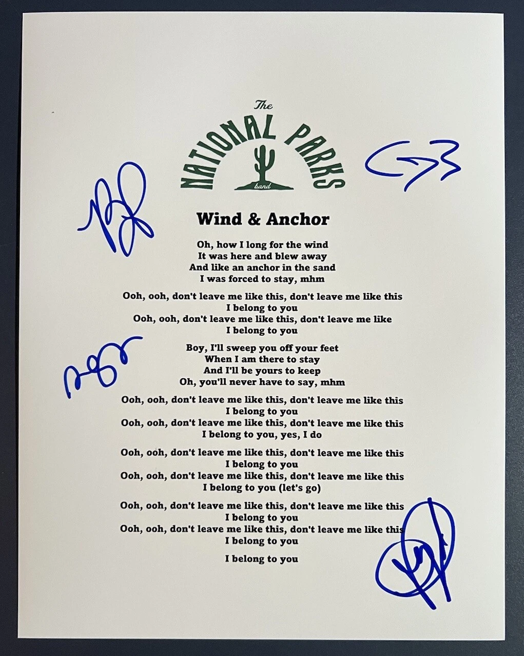 THE NATIONAL PARKS SIGNED LYRIC SHEET INDIE BAND AUTOGRAPH AUTHENTIC COA