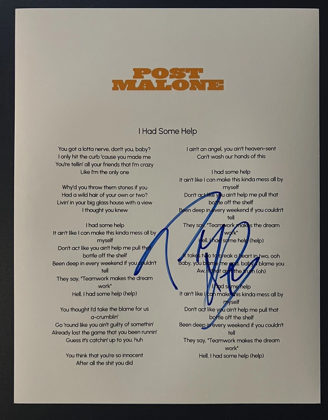 POST MALONE SIGNED LYRIC SHEET I HAD SOME HELP POP COUNTRY SINGER AUTOGRAPH COA