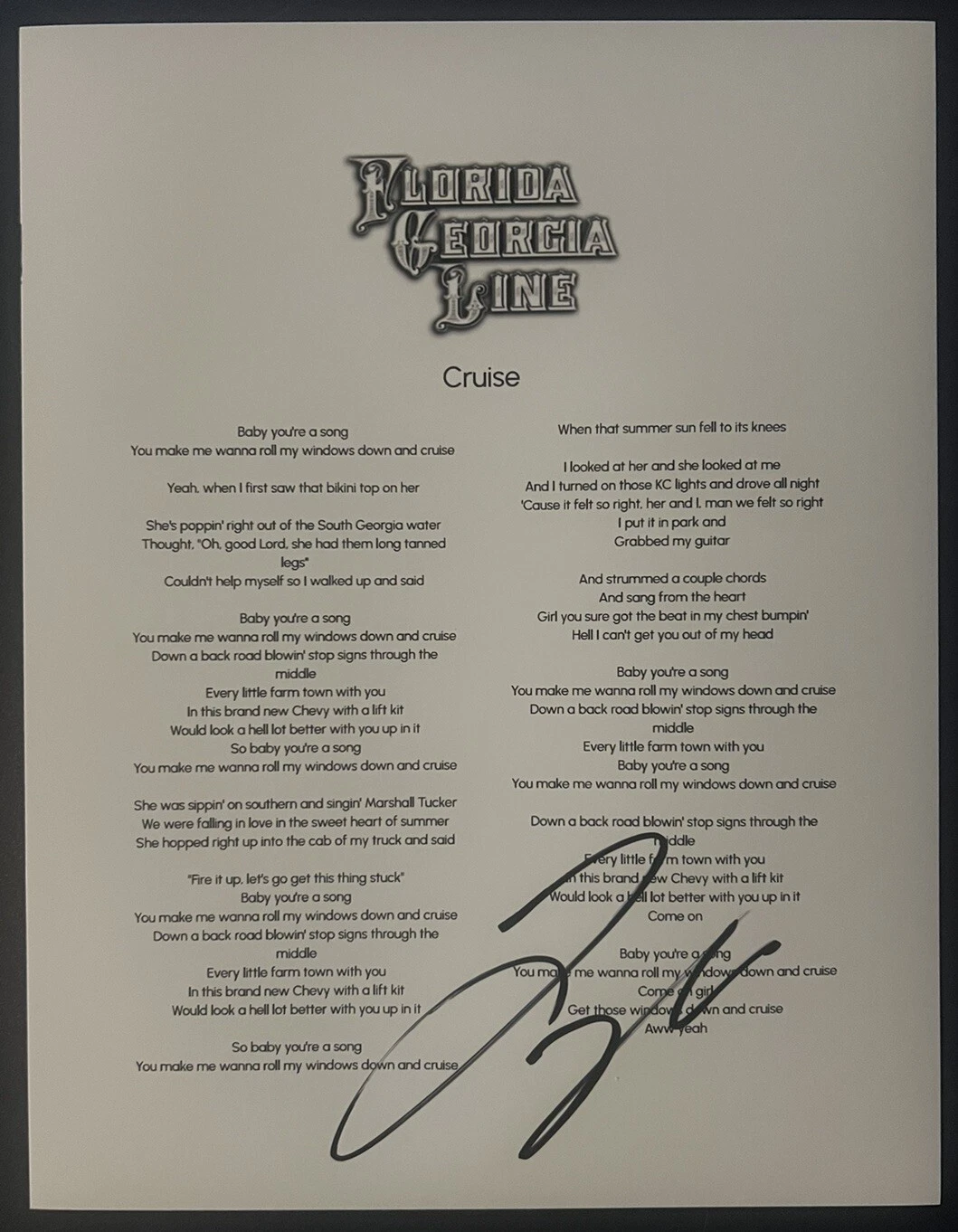 TYLER HUBBARD SIGNED LYRIC SHEET COUNTRY SINGER AUTHENTIC AUTOGRAPH COA