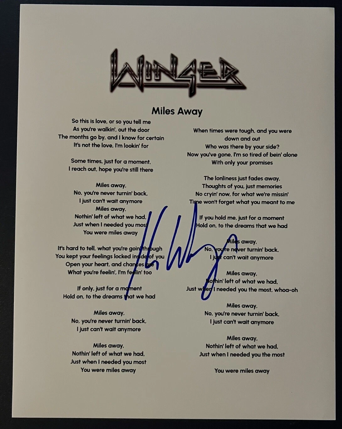 KIP WINGER SIGNED LYRIC SHEET WINGER BAND SINGER MILES AWAY AUTOGRAPH COA