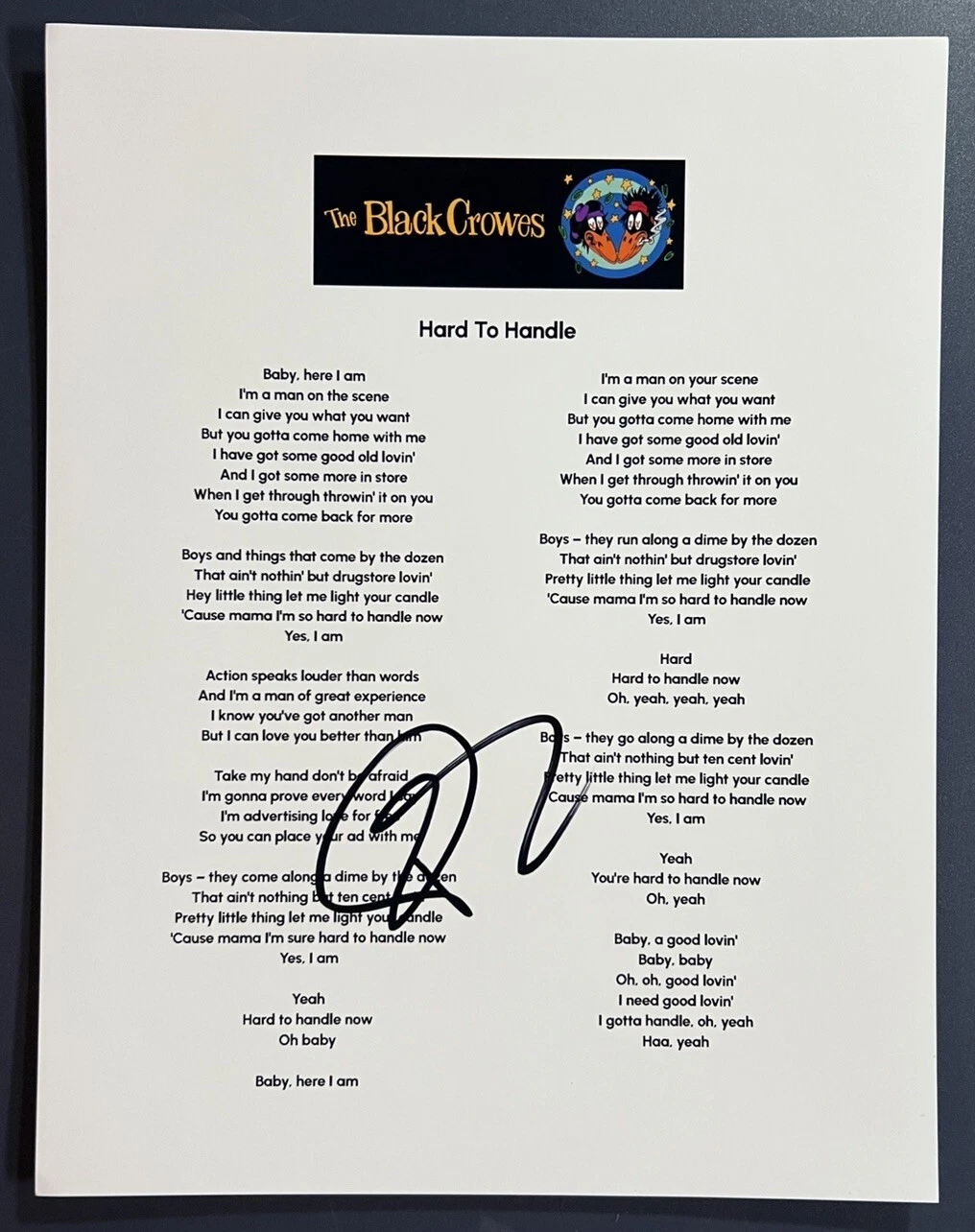 RICH ROBINSON SIGNED LYRIC SHEET THE BLACK CROWES HARD TO HANDLE AUTOGRAPH COA