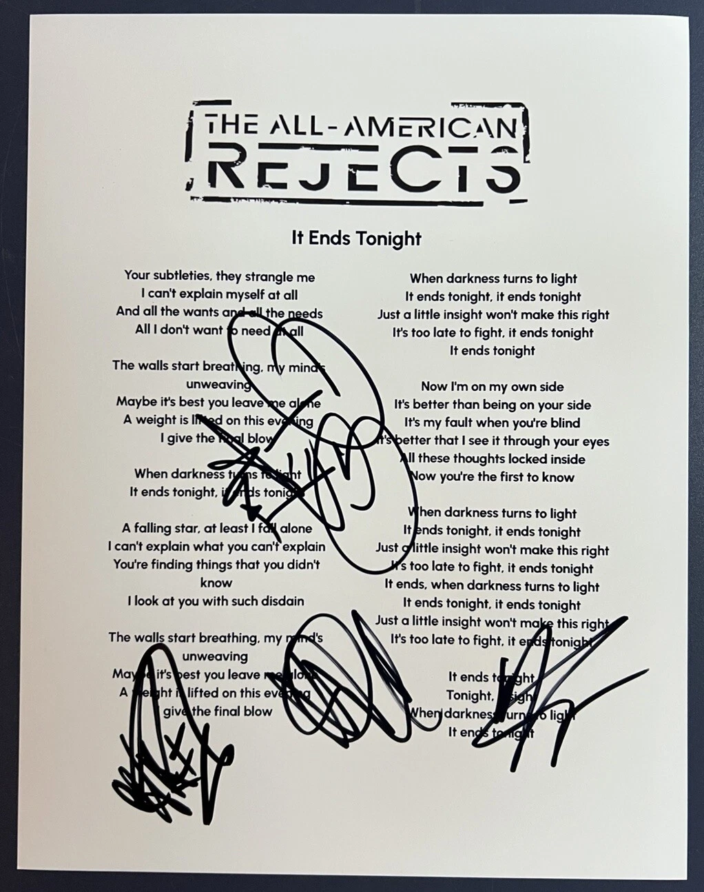 ALL AMERICAN REJECTS FULL BAND SIGNED IT ENDS TONIGHT LYRIC SHEET AUTOGRAPH COA