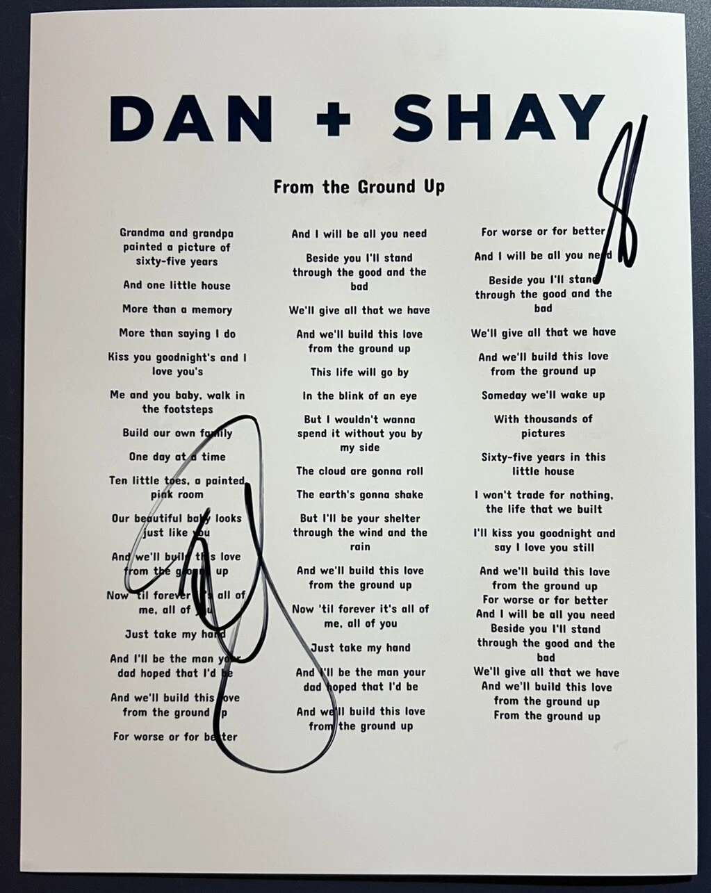 DAN & SHAY SIGNED LYRIC SHEET FROM THE GROUND UP COUNTRY DUO AUTOGRAPH COA