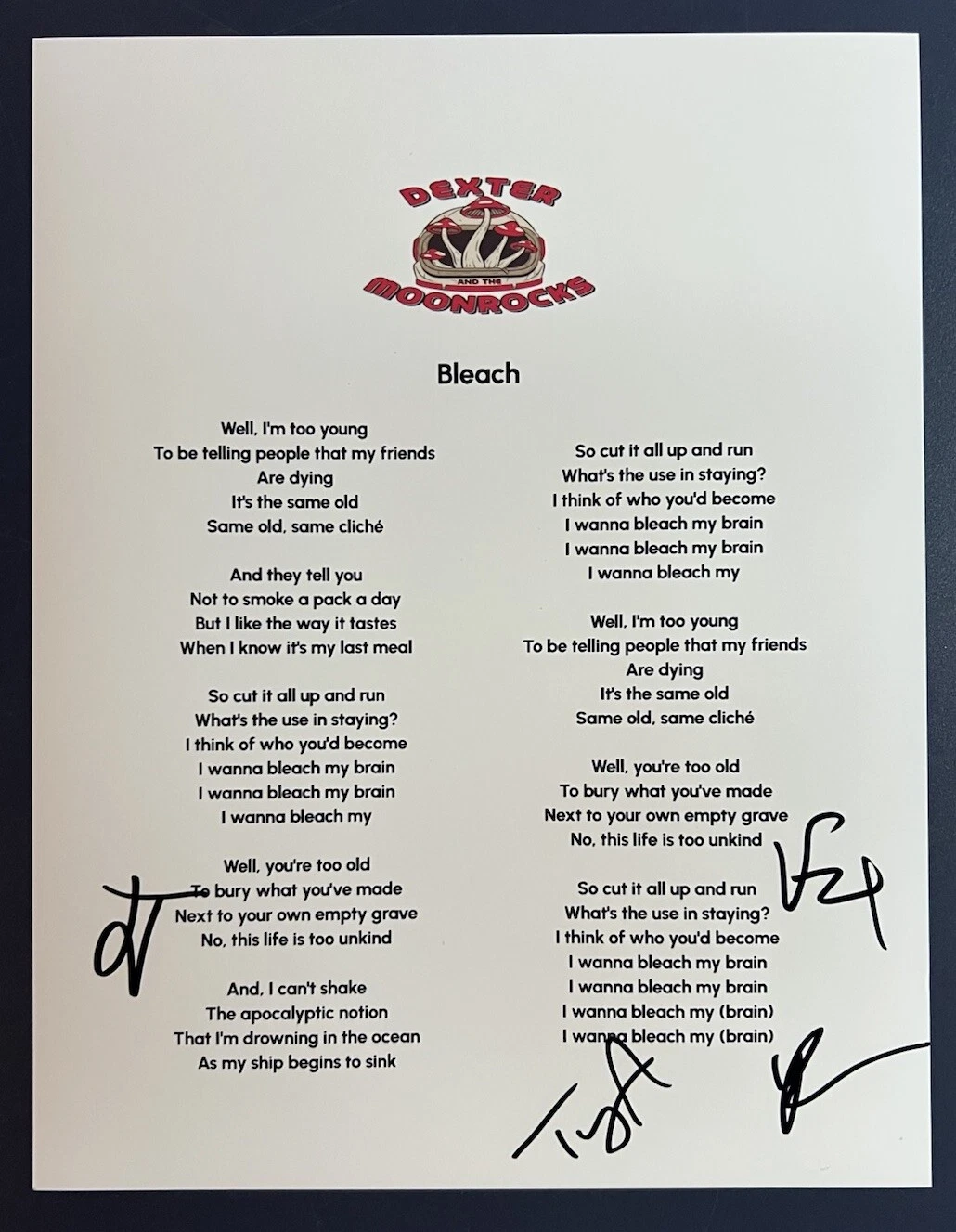 DEXTER AND THE MOONROCKS FULL BAND SIGNED LYRIC SHEET BLEACH AUTOGRAPH COA