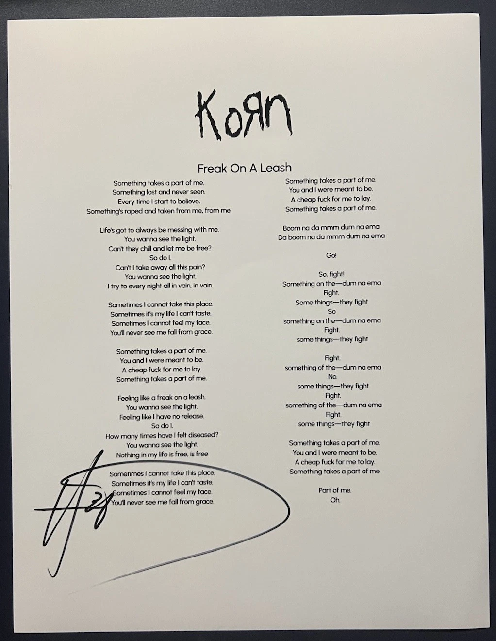 BRIAN HEAD WELCH SIGNED LYRIC SHEET KORN FREAK ON A LEASH AUTOGRAPH COA