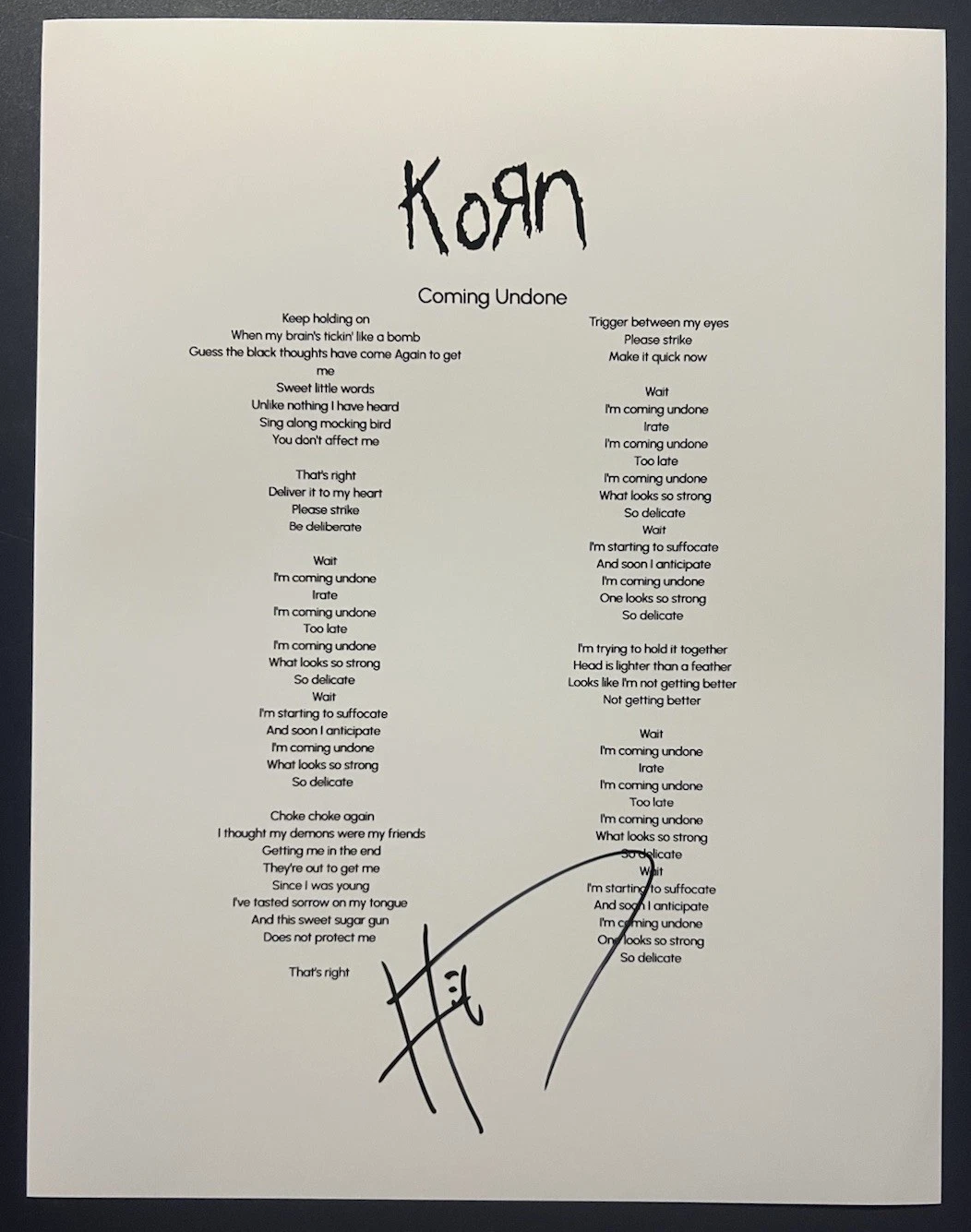 BRIAN HEAD WELCH SIGNED LYRIC SHEET KORN COMING UNDONE AUTOGRAPH AUTHENTIC COA