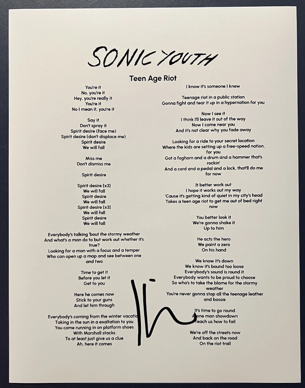 KIM GORDON SIGNED LYRIC SHEET SONIC YOUTH SINGER TEEN AGE RIOT AUTOGRAPH COA