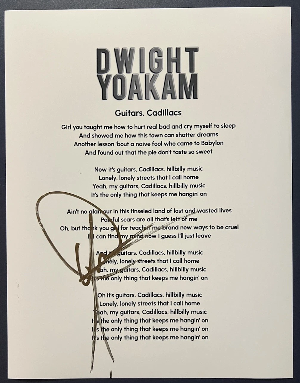 DWIGHT YOAKAM SIGNED LYRIC SHEET GUITARS, CADILLACS COUNTRY AUTOGRAPH COA