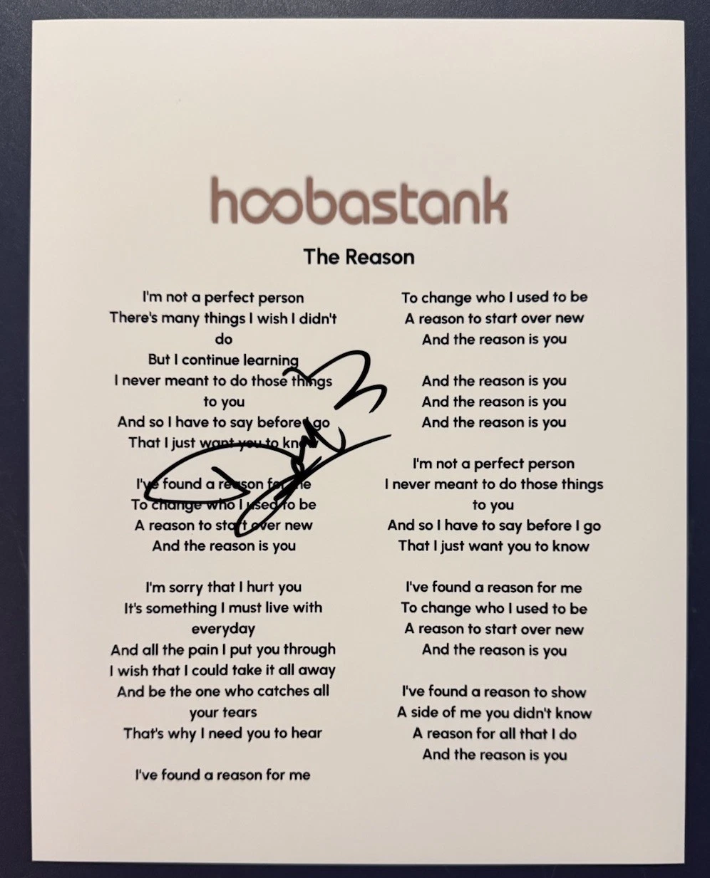 DOUG ROBB SIGNED LYRIC SHEET HOOBASTANK THE REASON AUTOGRAPH AUTHENTIC COA