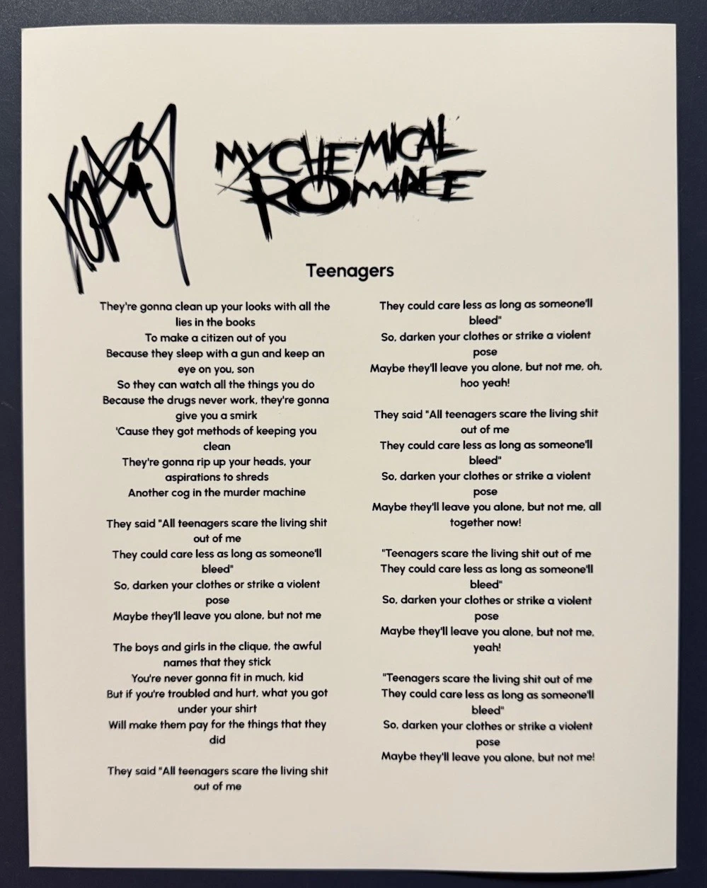 FRANK IERO SIGNED LYRIC SHEET MY CHEMICAL ROMANCE TEENAGERS AUTOGRAPH COA