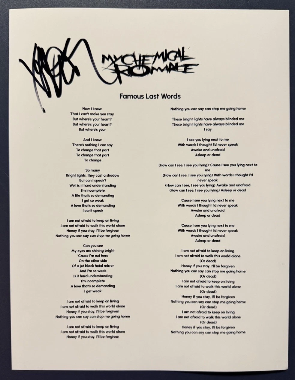 FRANK IERO SIGNED LYRIC SHEET MY CHEMICAL ROMANCE FAMOUS LAST WORD AUTOGRAPH COA