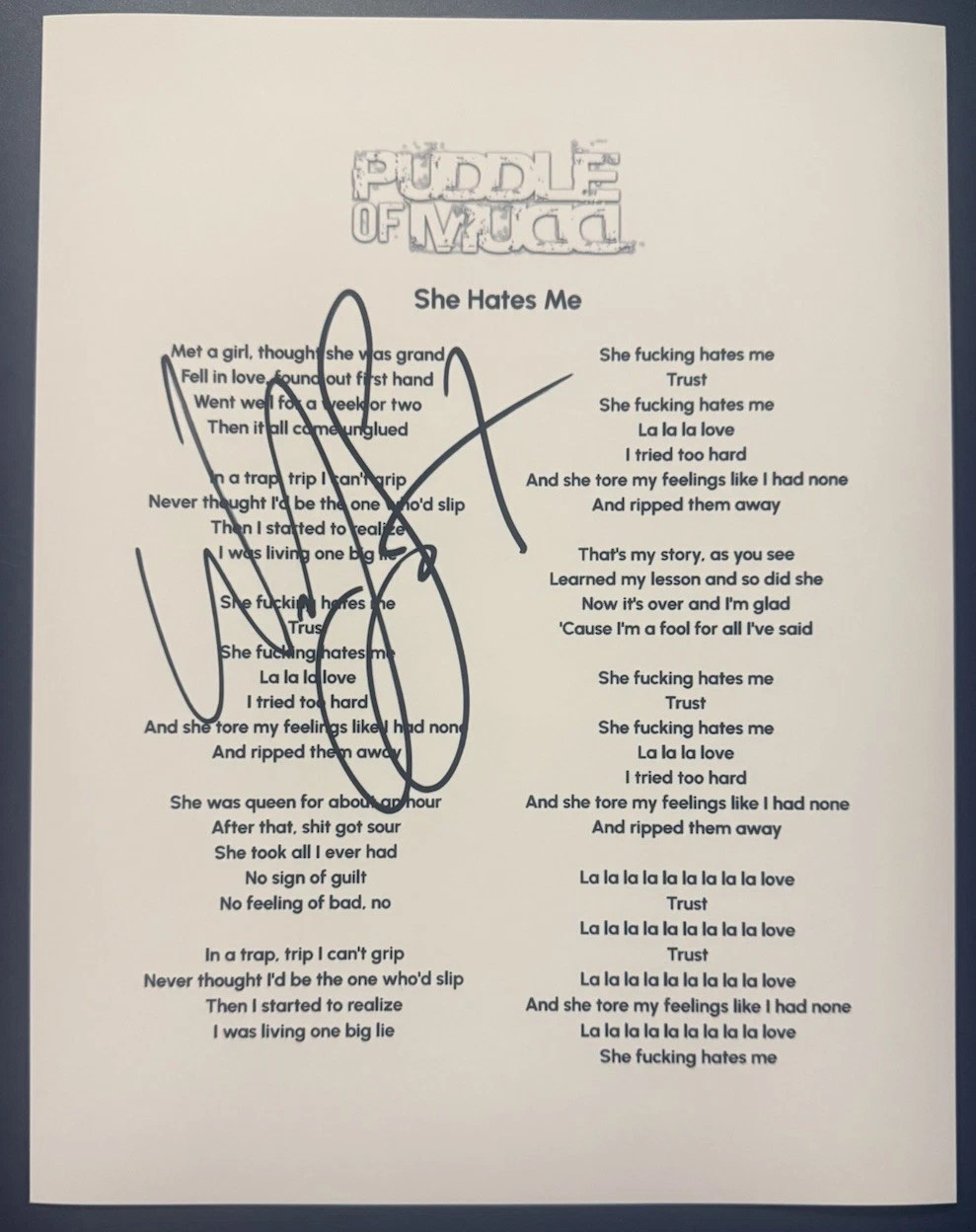 WESLEY SCANTLIN SIGNED LYRIC SHEET SHE HATES ME LEAD SINGER AUTOGRAPH COA COLLECTIBLE MEMORABILIA