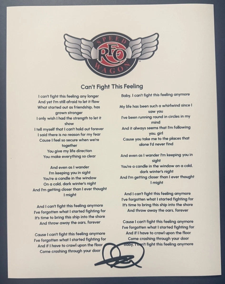 KEVIN CRONIN SIGNED LYRIC SHEET CAN’T FIGHT THIS FEELING REO SPEEDWAGON AUTO COA
