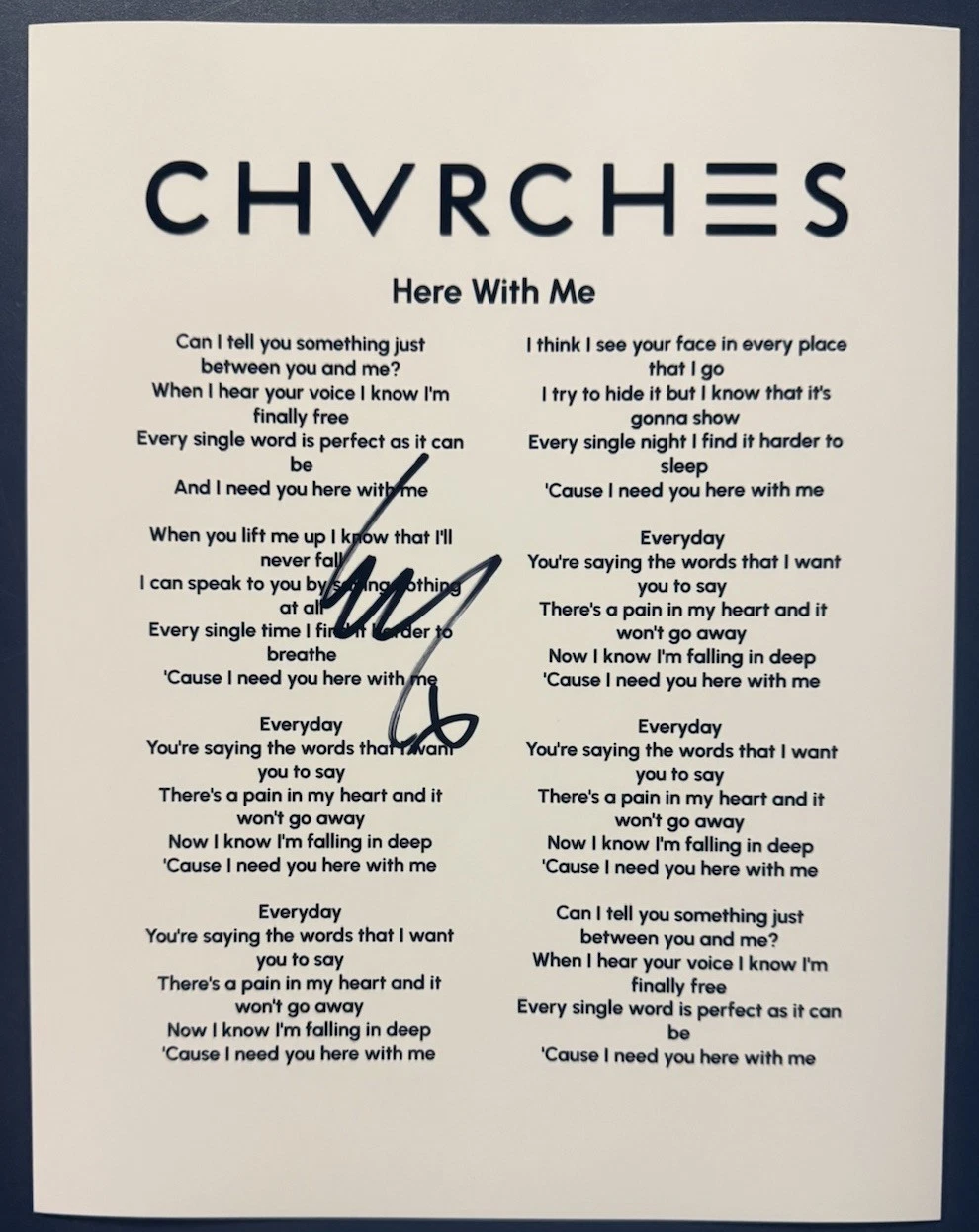 LAUREN MAYBERRY SIGNED LYRIC SHEET CHVRCHES SINGER AUTHENTIC AUTOGRAPH COA