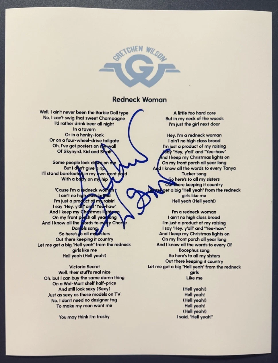 GRETCHEN WILSON SIGNED LYRIC SHEET REDNECK WOMAN AUTHENTIC AUTOGRAPH COA