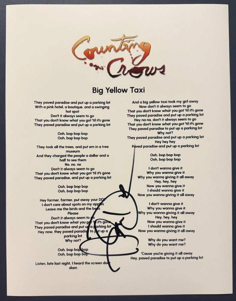 ADAM DURITZ SIGNED LYRIC SHEET COUNTING CROWS BIG YELLOW TAXI AUTOGRAPH COA