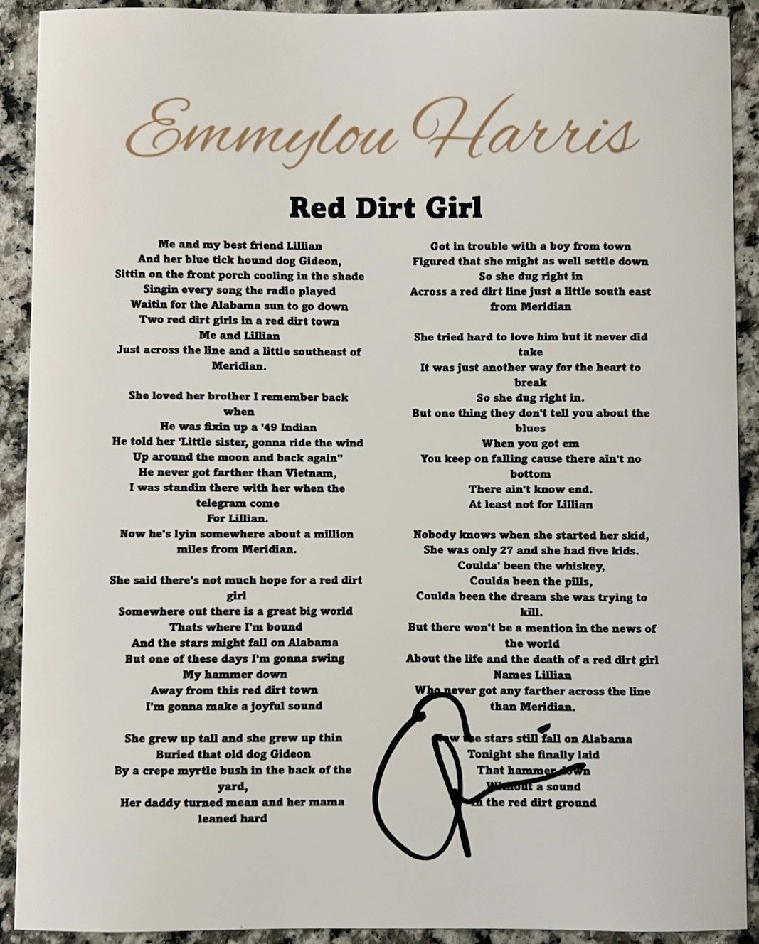 EMMYLOU HARRIS SIGNED LYRIC SHEET RED DIRT GIRL AUTHENTIC AUTOGRAPH COA