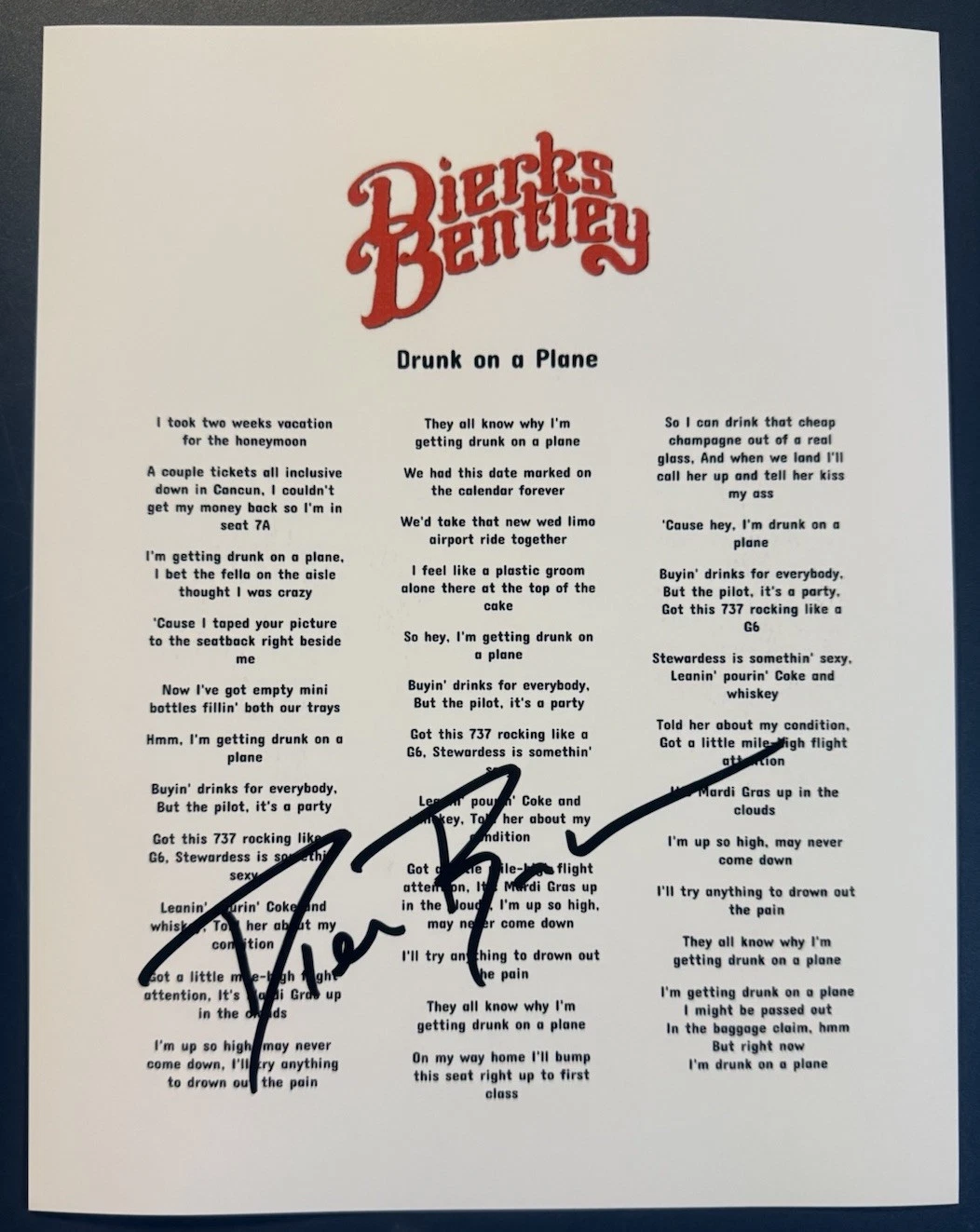 DIERKS BENTLEY SIGNED LYRIC SHEET COUNTRY DRUNK ON A PLANE AUTOGRAPH COA