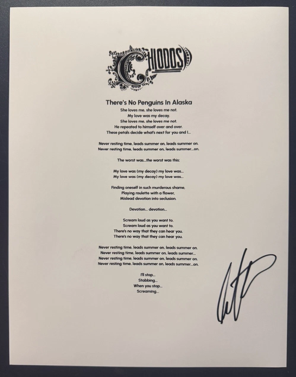 CRAIG OWENS SIGNED LYRIC SHEET CHIODOS LEAD SINGER AUTHENTIC AUTOGRAPH COA