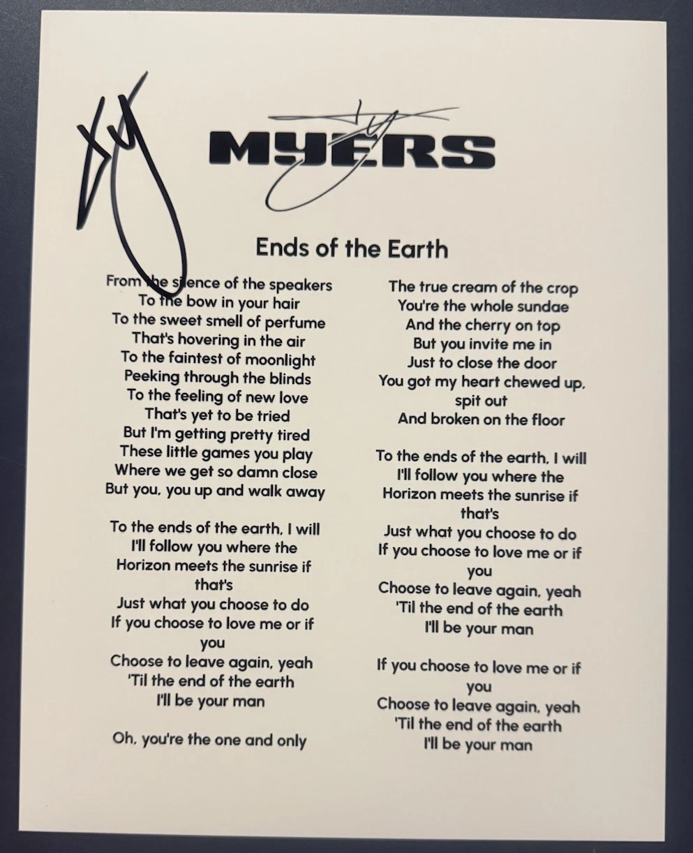 TY MYERS SIGNED LYRIC SHEET COUNTRY SINGER ENDS OF THE EARTH AUTOGRAPH COA