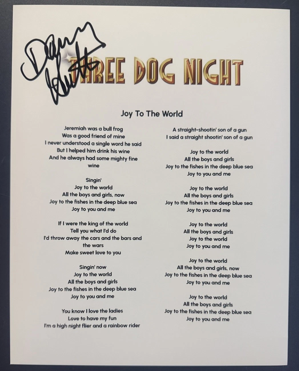 DANNY HUTTON SIGNED LYRIC SHEET JOY TO THE WORLD THREE DOG NIGHT AUTOGRAPH COA