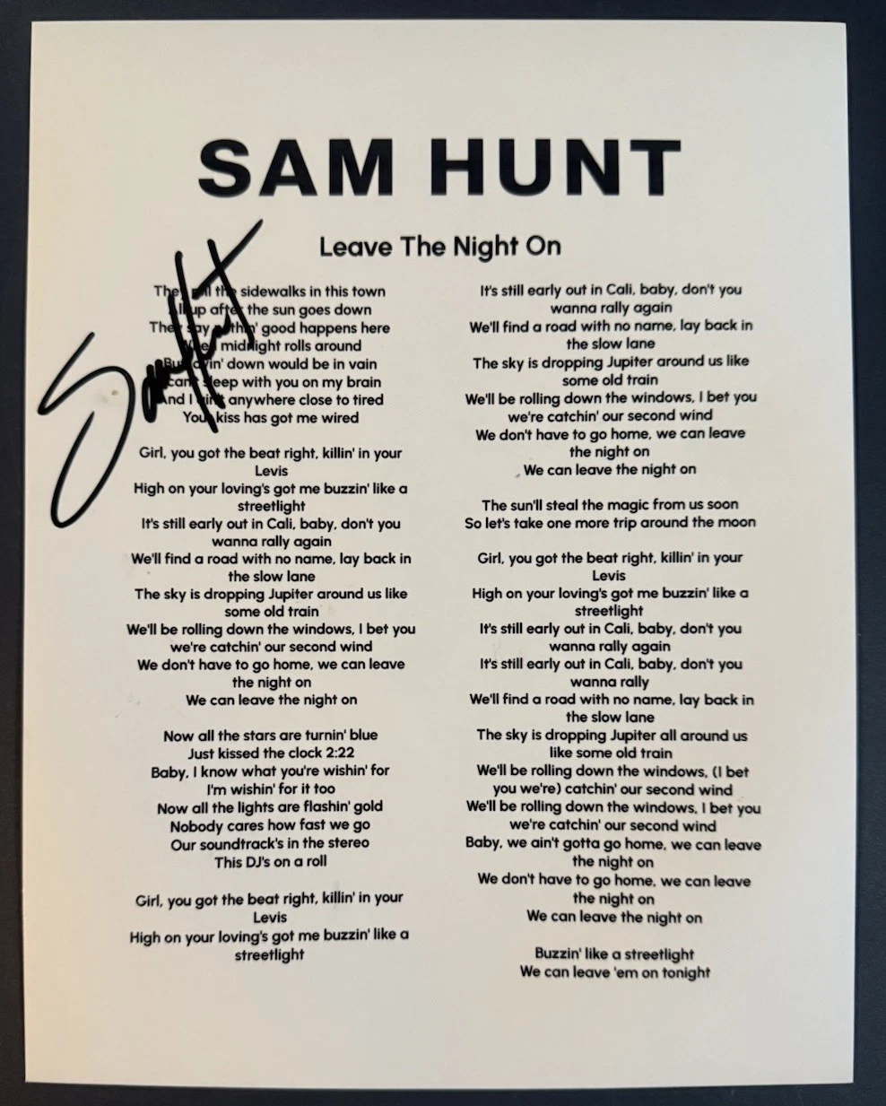 SAM HUNT SIGNED LYRIC SHEET COUNTRY SINGER LEAVE THE NIGHT ON AUTOGRAPH COA