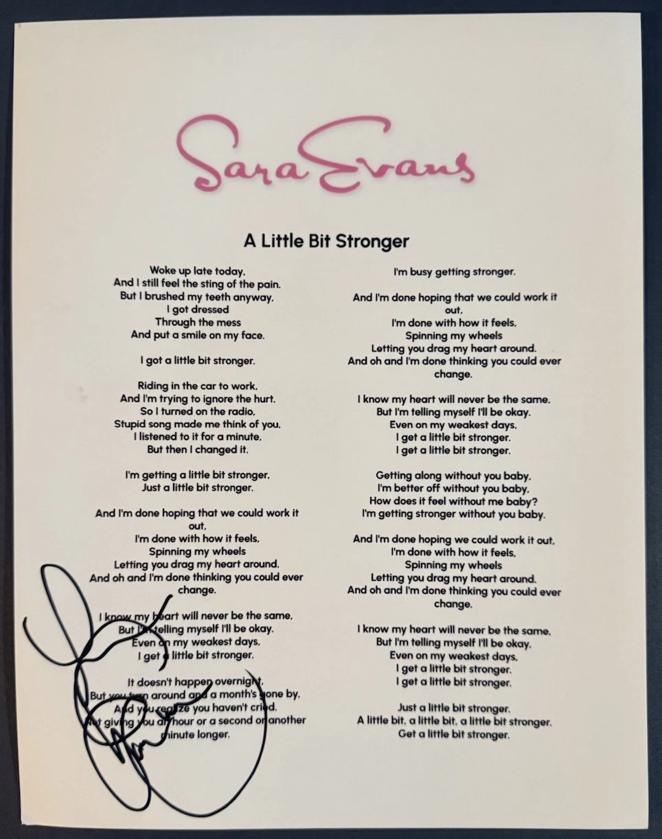 SARA EVANS SIGNED LYRIC SHEET COUNTRY SINGER A LITTLE BIT STRONGER AUTOGRAPH COA