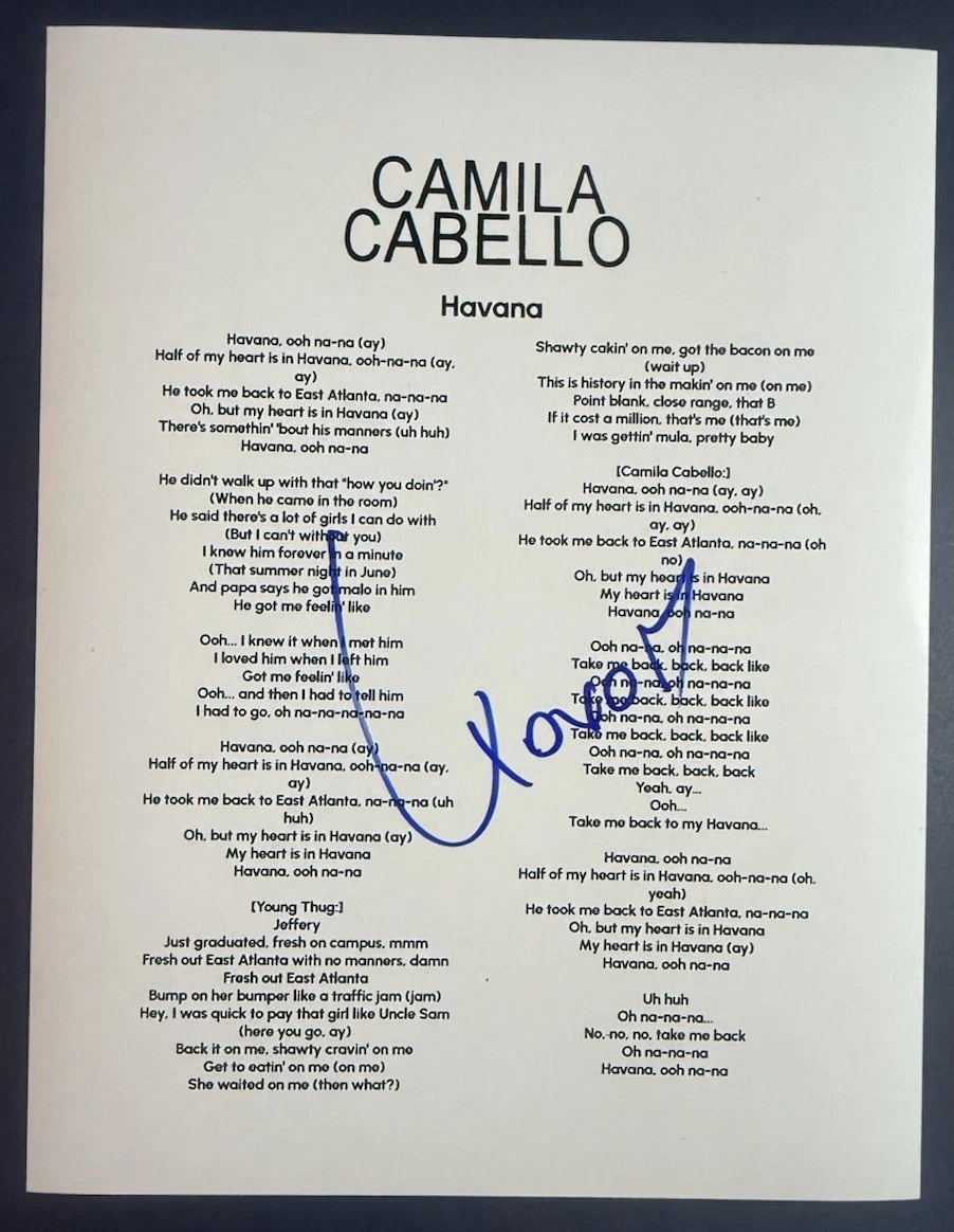 CAMILA CABELLO SIGNED HAVANA LYRIC SHEET POP SINGER AUTOGRAPH AUTHENTIC COA