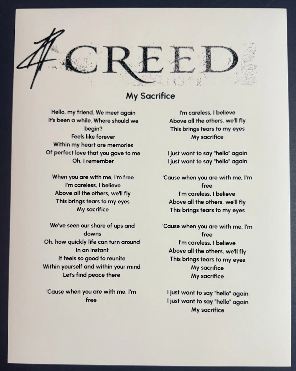 SCOTT STAPP SIGNED LYRIC SHEET CREED LEAD SINGER MY SACRIFICE AUTOGRAPH COA