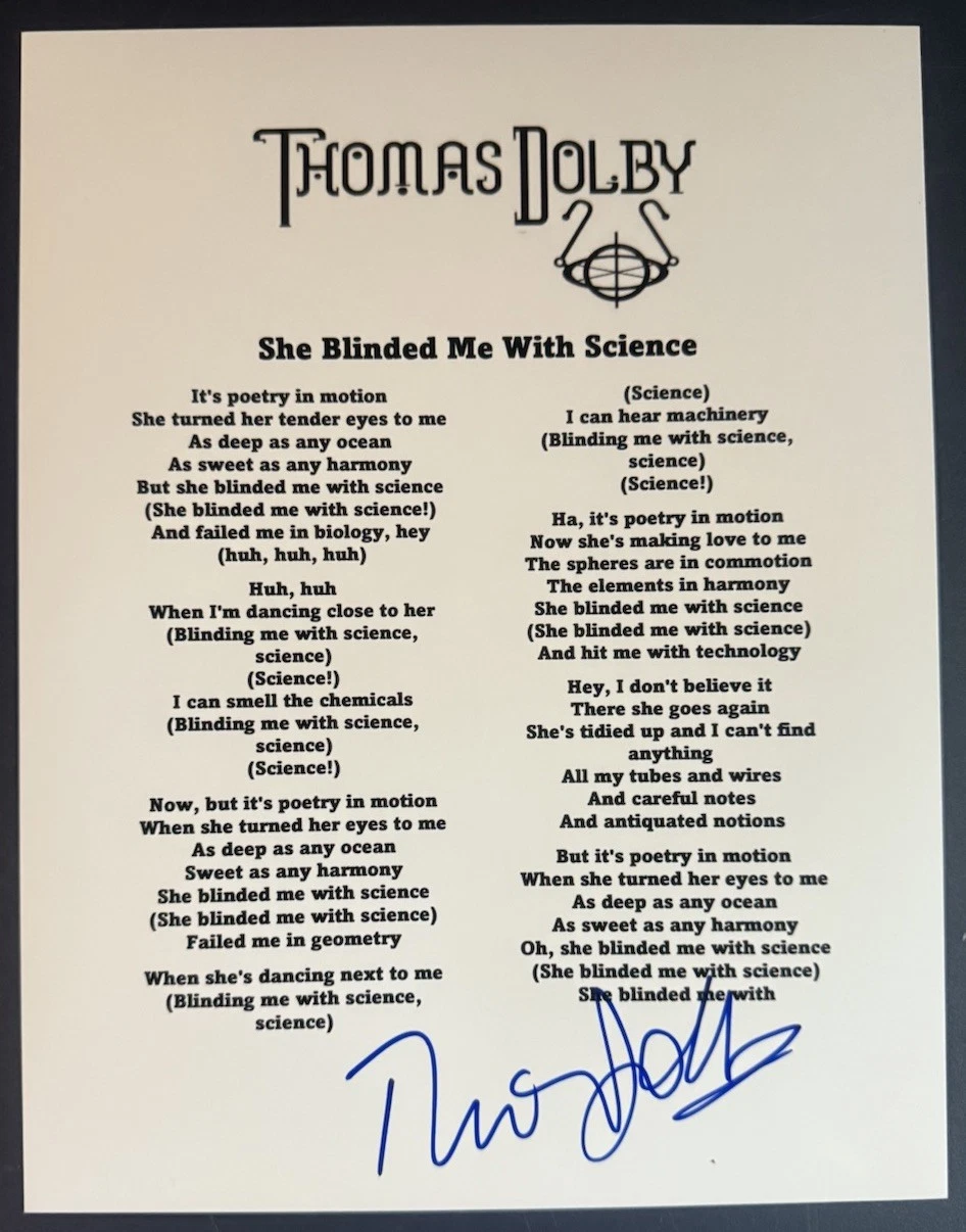 THOMAS DOLBY SIGNED LYRIC SHEET SHE BLINDED ME WITH SCIENCE AUTOGRAPH COA